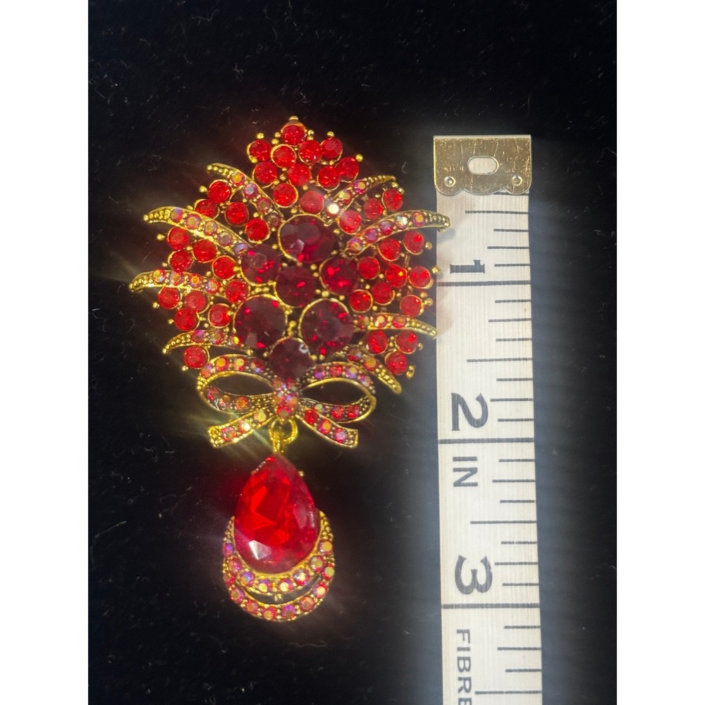 Vintage Red Rhinestone Bow Teardrop Dangle Brooch Gold Tone Floral Statement Pin